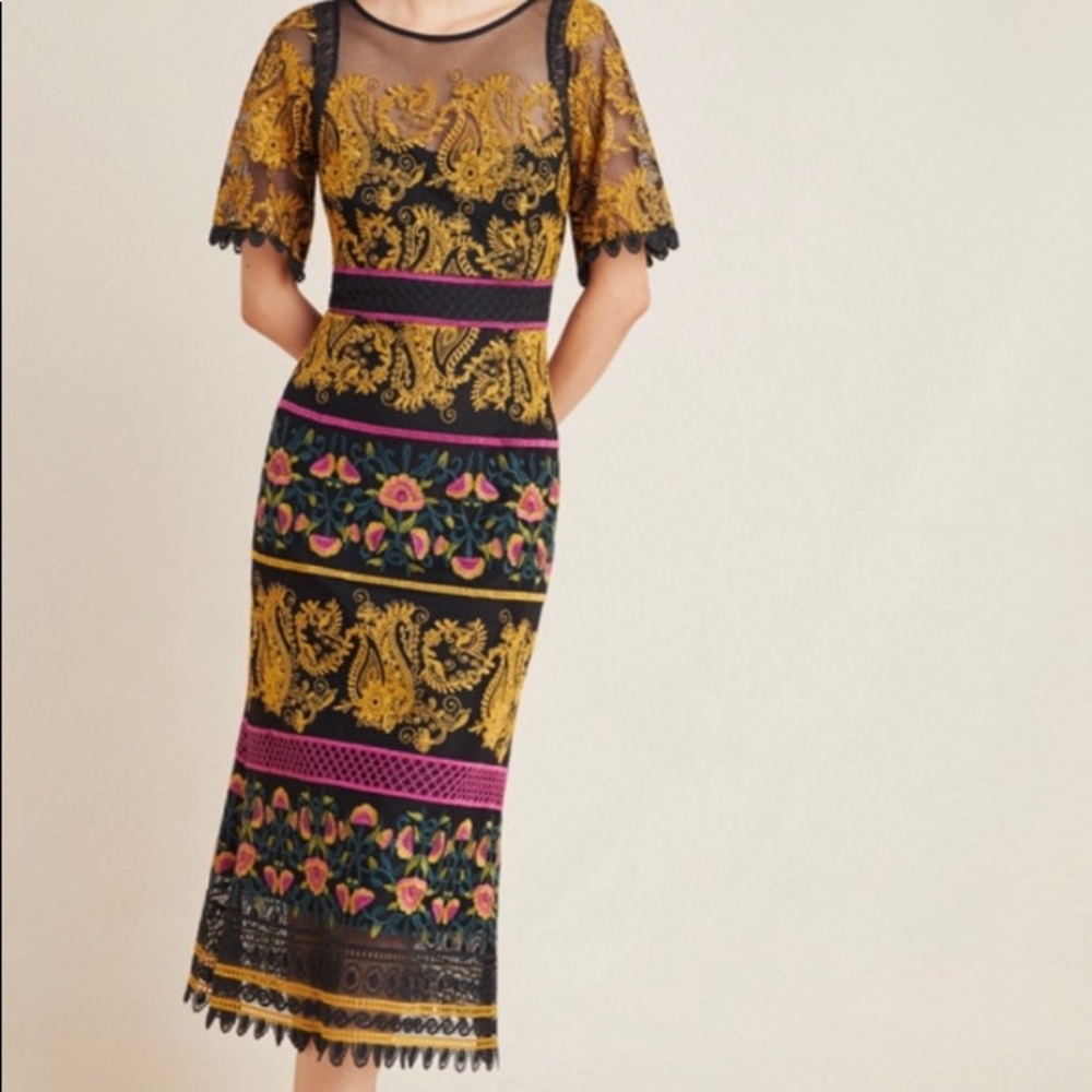 Jacquin Embroidered Midi Dress EUC